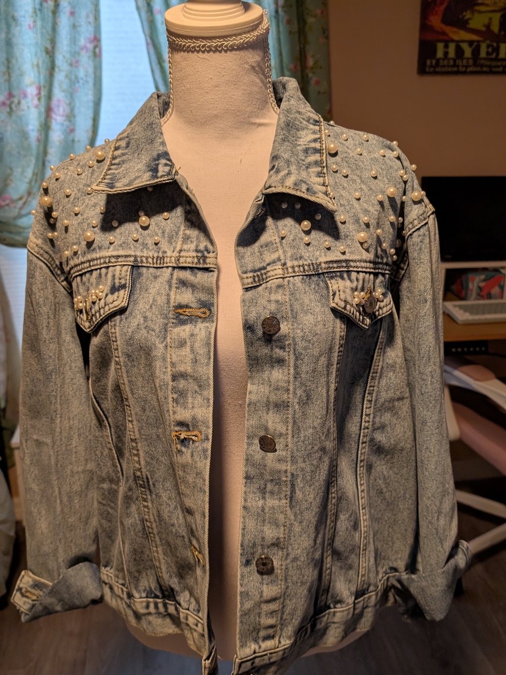 "Bride To Be" Pearl-Embellished Light Wash Denim Jacket